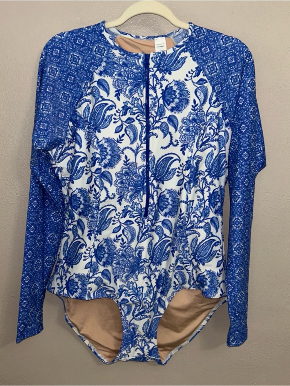 Coolibar UPF 50+ Blue and White Long-Sleeve One-Piece Swimsuit